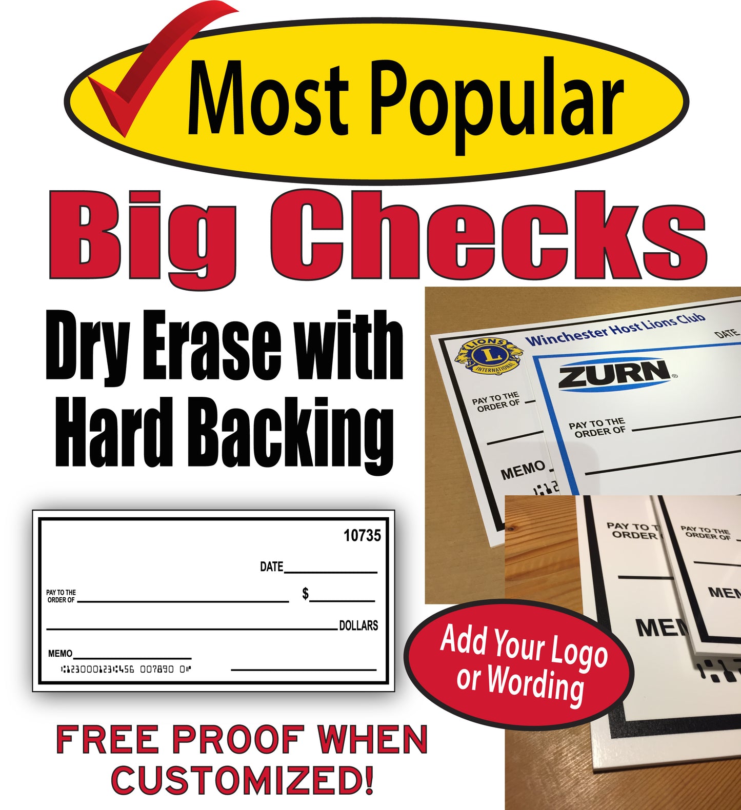 Big Checks - Custom Dry Erase Hard Backed Checks For Presentations