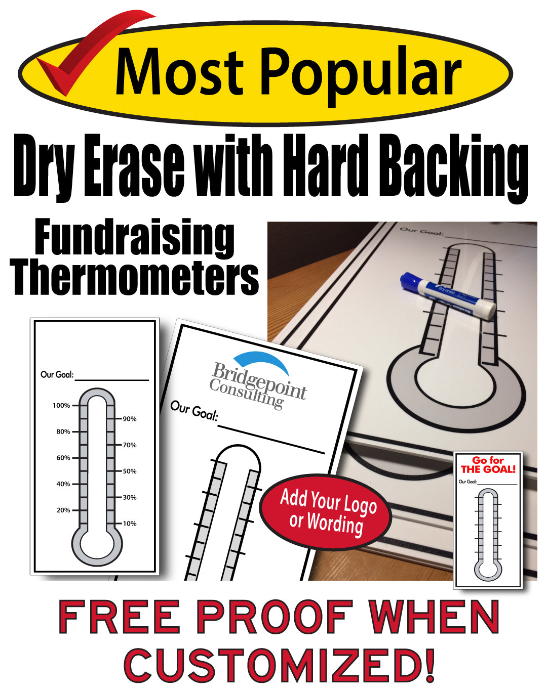 Goal Thermometers Custom Dry Erase Hard Backed Same Day Sign