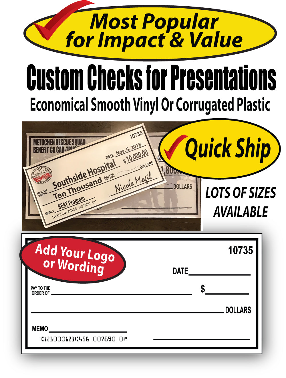 Custom Big Checks for Fundraisers | Same Day Sign