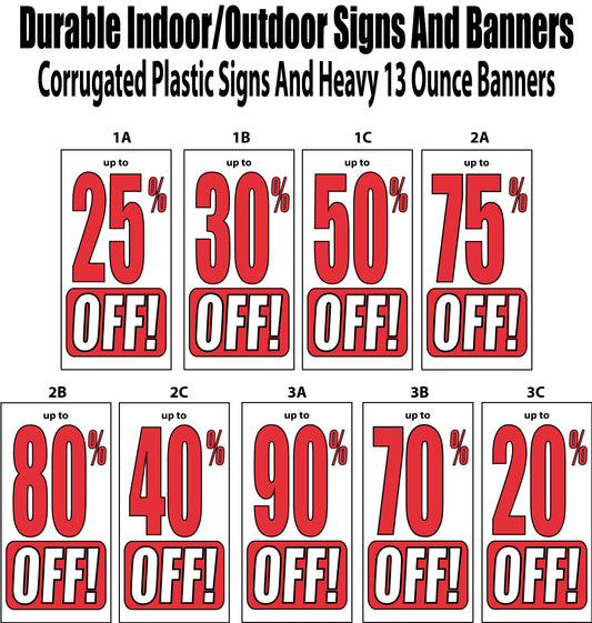 A set of percentage off signs for various discount amounts, designed for use in retail settings, indicating various discount percentages from 20% to 90% off.