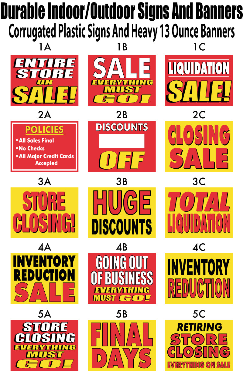 Assorted closing banners and sale signs